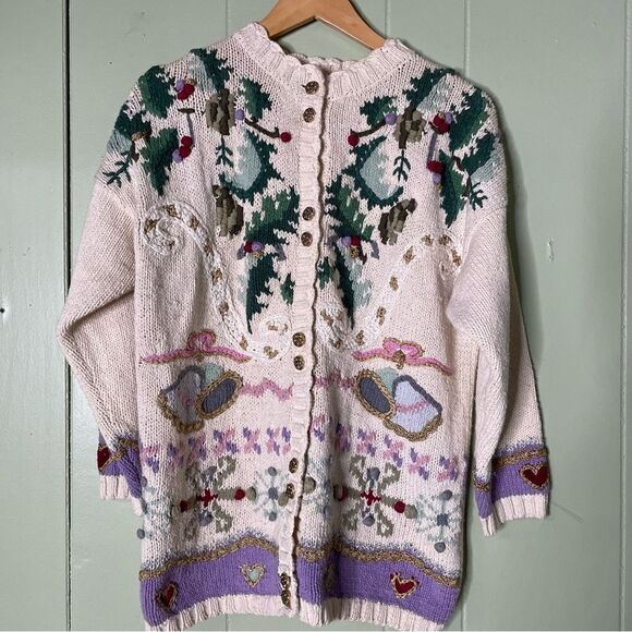 Vintage Jennifer Reed Hand Knit Christmas Grandma Cardigan Sweater Women’s‎ M - Picture 1 of 6